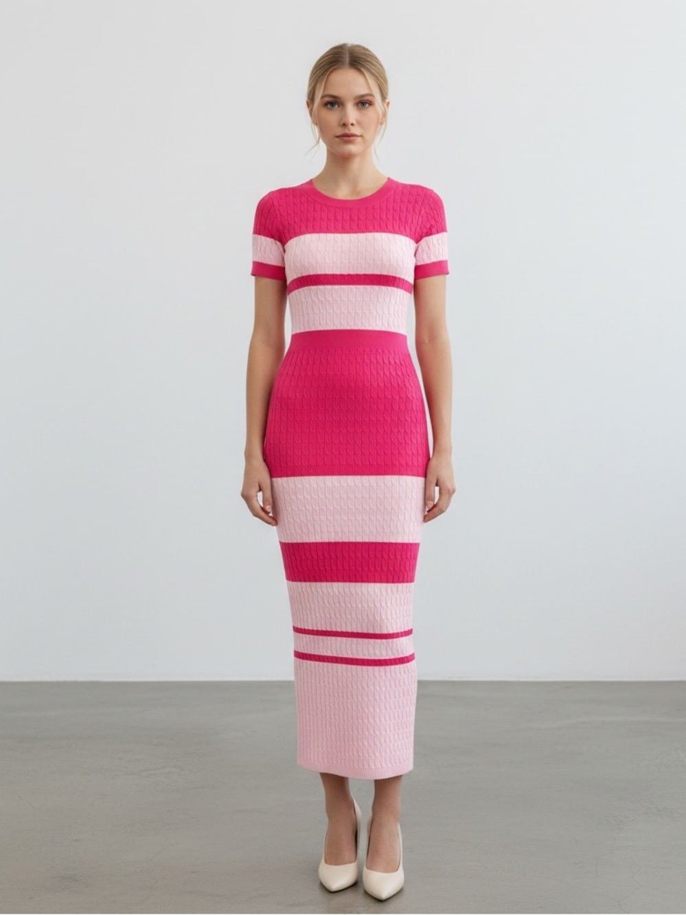 1333 • Two Pinks Varied Stripes Cableknit Fitted Stretch Dress
